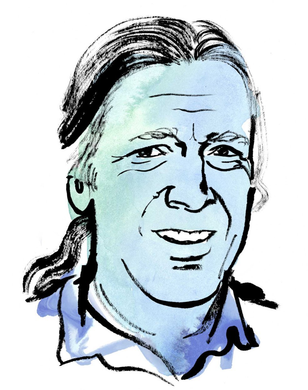 Aquarellzeichnung: Kopf eines Mannes mit langen Haaren, die zu einem Pferdeschwanz gebunden sind.