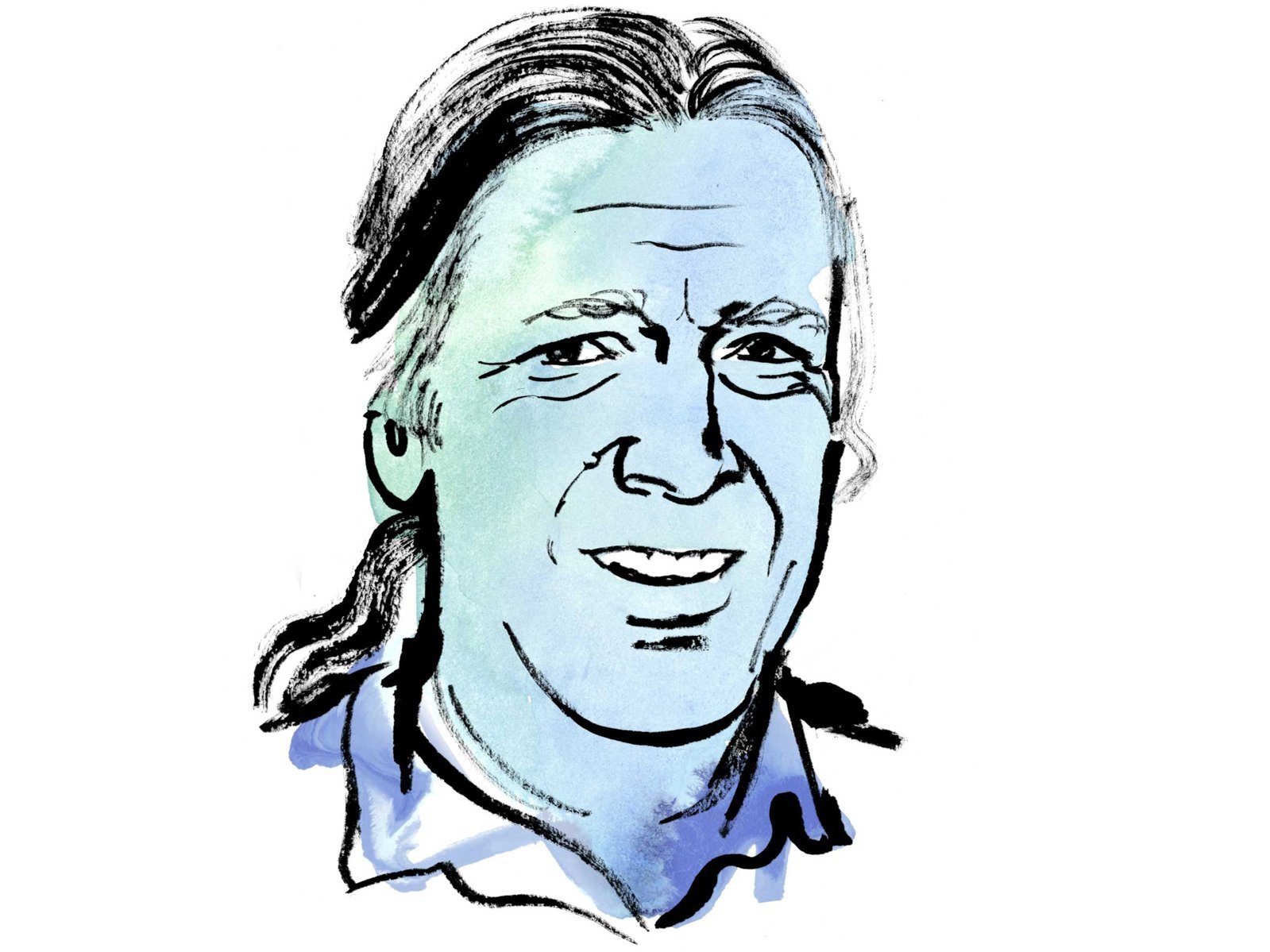 Aquarellzeichnung: Kopf eines Mannes mit langen Haaren, die zu einem Pferdeschwanz gebunden sind.