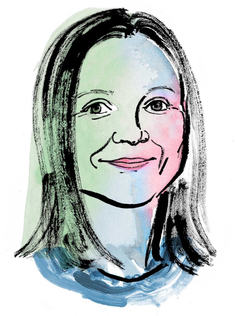 Aquarellzeichnung: Kopf einer Frau mit schulterlangen dunklen Haaren