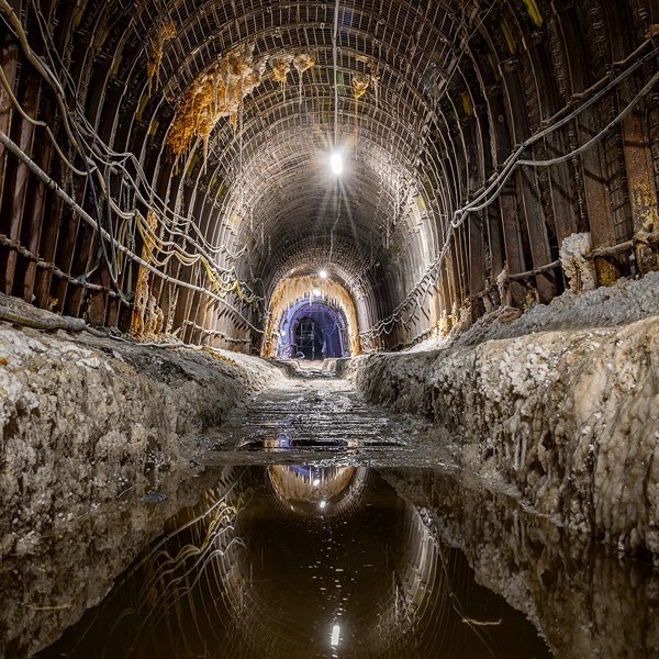 Ein unterirdischer schwach beleuchteter Tunnel, in dem am Boden Wasser steht.
