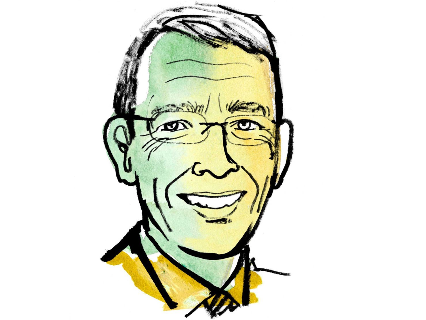 Aquarellzeichnung: Kopf eines Mannes mit kurzen grauen Haaren und Brille