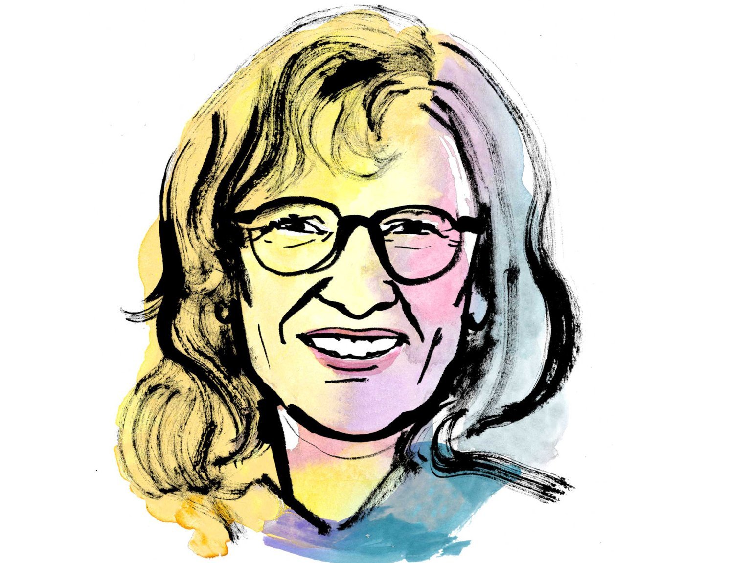 Aquarellzeichnung: Kopf einer Frau mit langen blonden Haaren und Brille