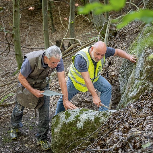 Zwei Männer stehen in einem Wald und inspizieren vor ihnen befindliches Gestein. Einer der Männer hält ein Klemmbrett in der Hand, der andere hält einen Hammer. 