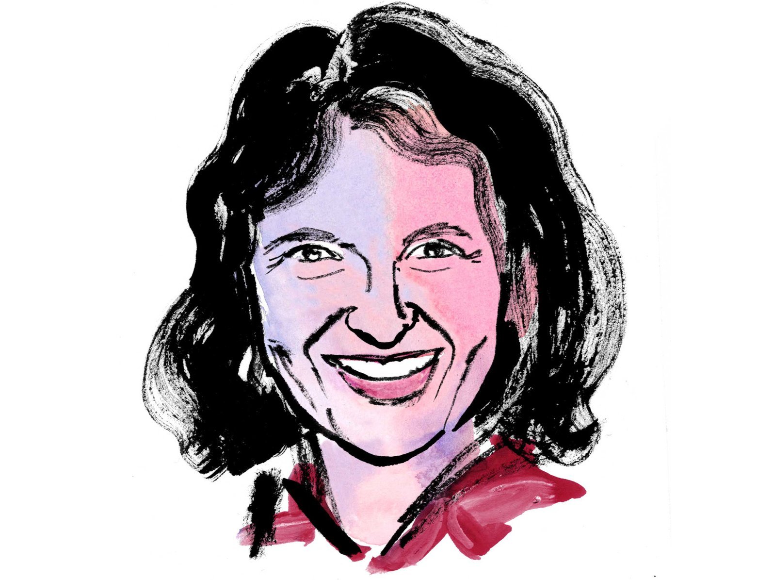 Aquarellzeichnung: Kopf einer Frau mit kinnlangen gewellten Haaren.