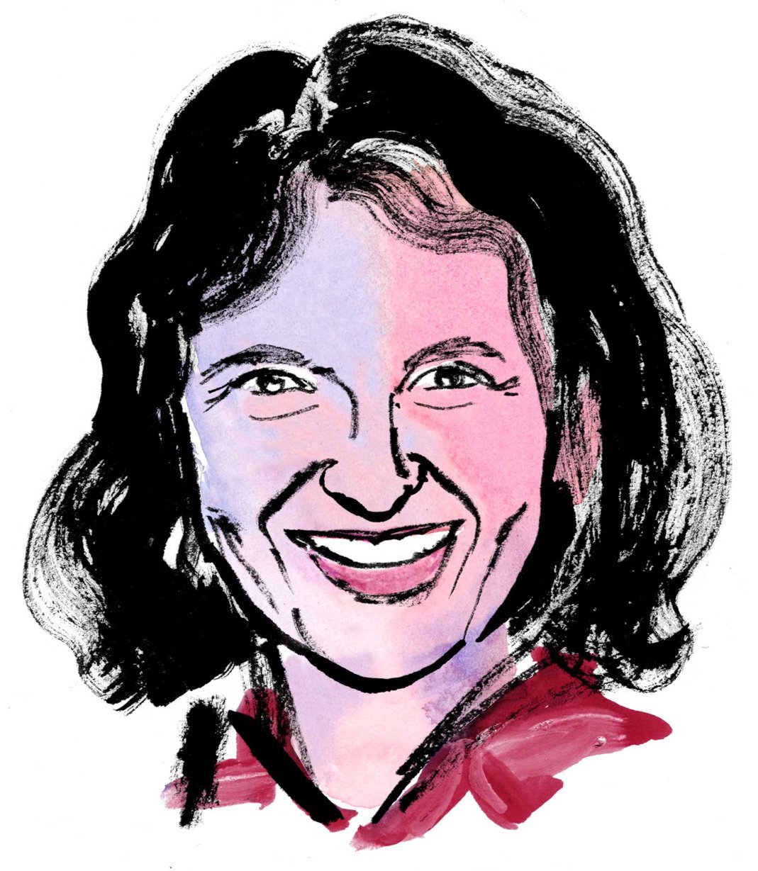Aquarellzeichnung: Kopf einer Frau mit kinnlangen gewellten Haaren.