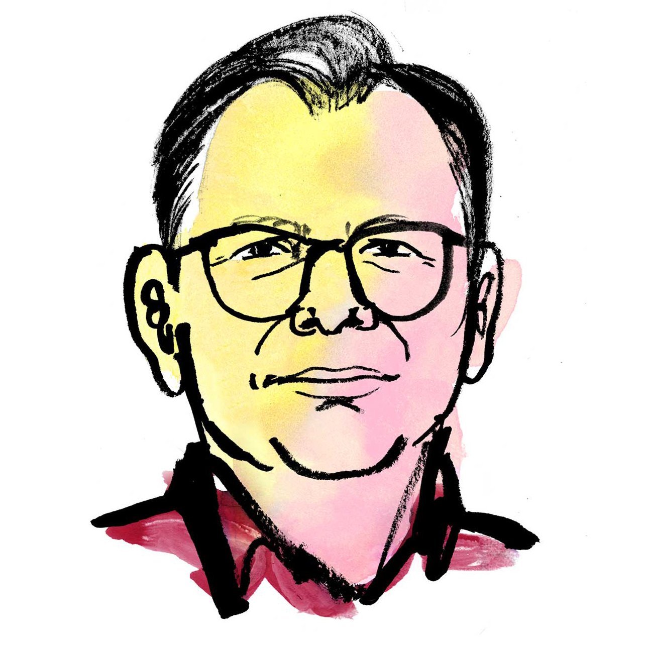 Aquarellzeichnung: Kopf eines Mannes mit zurückgekämmten kurzen Haaren und dunkler Brille
