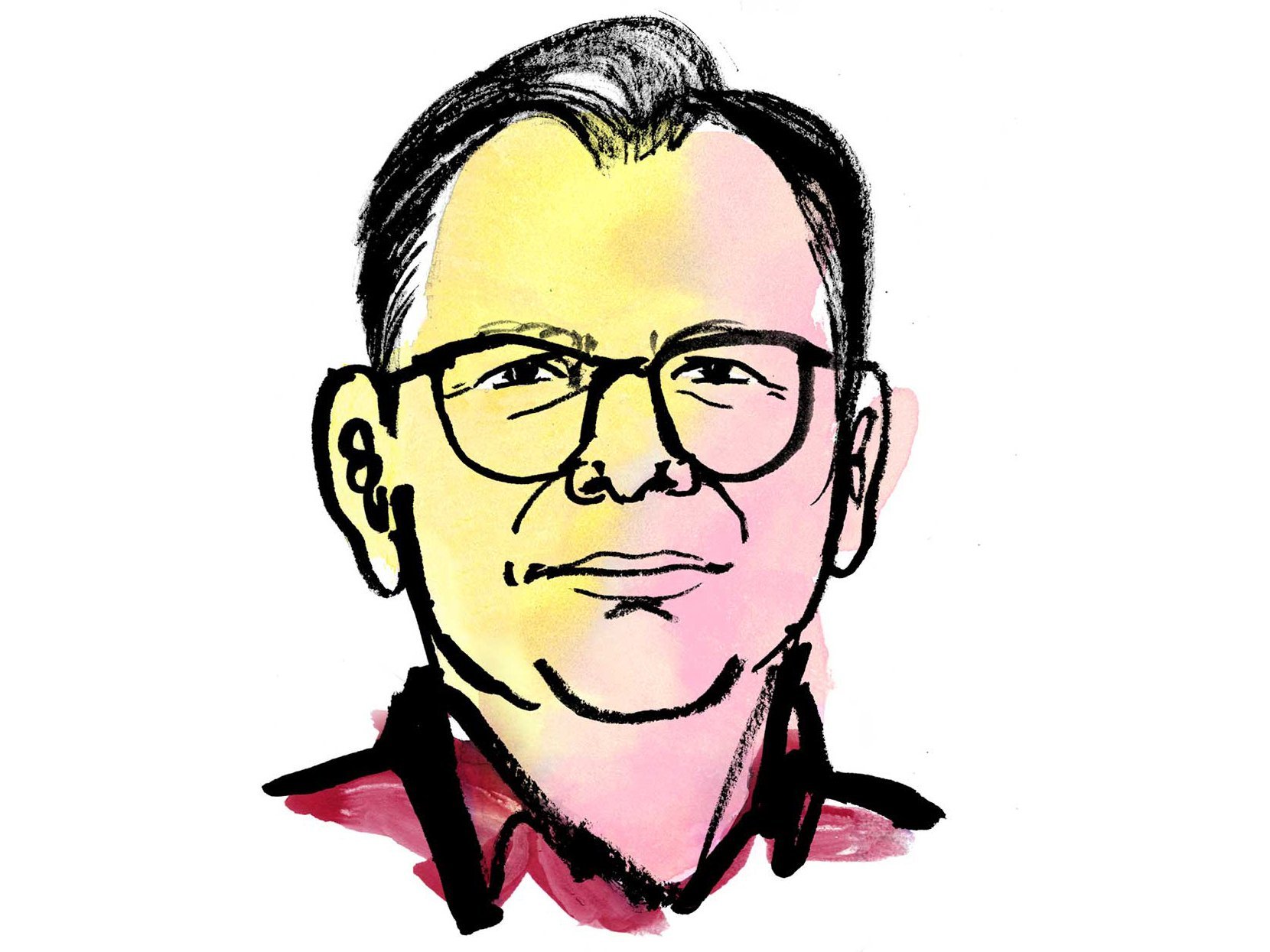 Aquarellzeichnung: Kopf eines Mannes mit zurückgekämmten kurzen Haaren und dunkler Brille