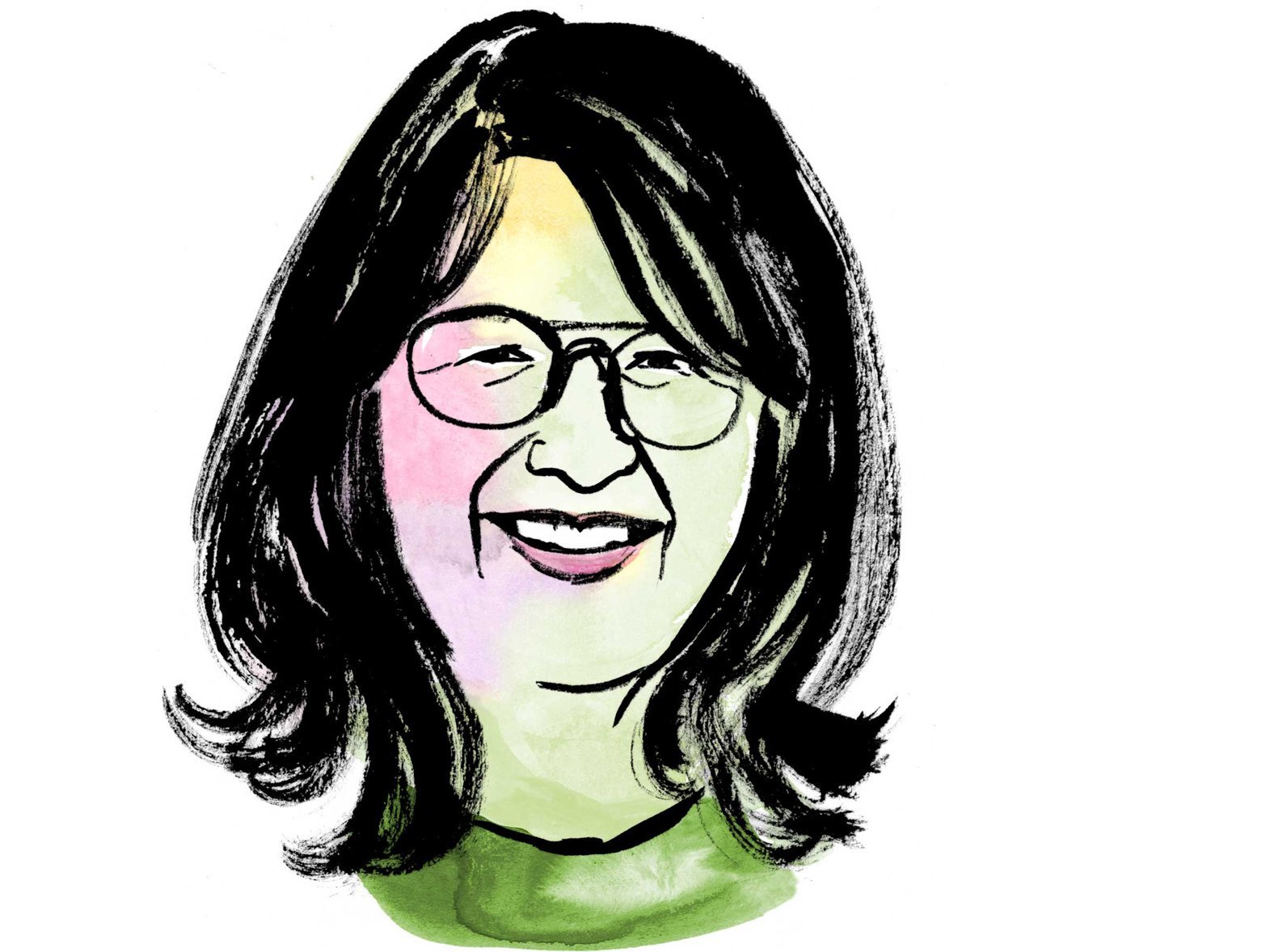 Aquarellzeichnung: Kopf einer Frau mit Brille und schulterlangen schwarzen Haaren