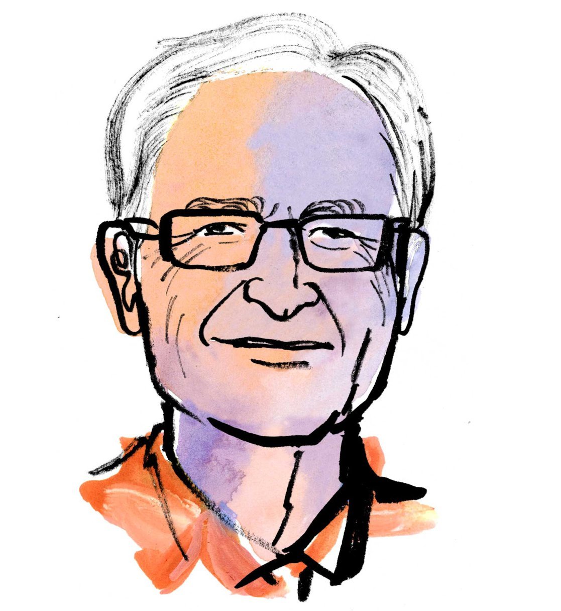 Aquarellzeichnung: Kopf eines Mannes mit Brille und weißen kurzen Haaren