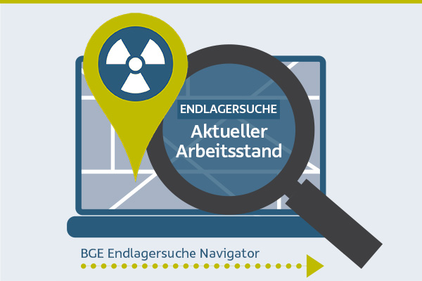 Symbolgrafik, das eine Lupe, einen Positionspin mit Flügelradsymbol vor einem Laptop zeigt.