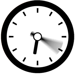 Schwarz-weißes Icon, das eine Analoguhr mit beschleunigtem Minutenzeiger darstellt.